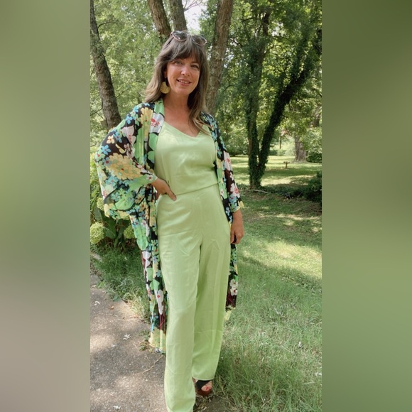 Vintage 70s Lime Green Pant Set with matching Floral Kimono - Picture 1 of 7